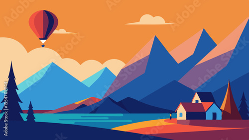 Serene mountain landscape with a hot air balloon over a tranquil lake