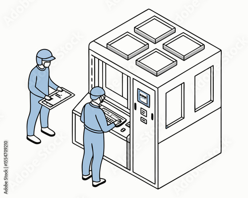 Isometric illustration of engineers working on high-tech hardware machines in a microprocessor and microchip manufacturing factory.