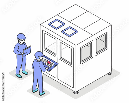Microchip and microprocessor industry engineers operating advanced factory equipment in an isometric cartoon scene.