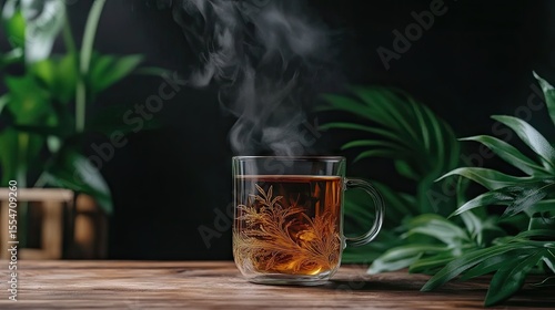 Steaming cup of tea with decorative design, surrounded by lush greenery.