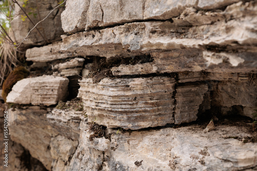 Fotografie dettagli di vari strati antichi e naturali di roccia di colore grigio chiaro