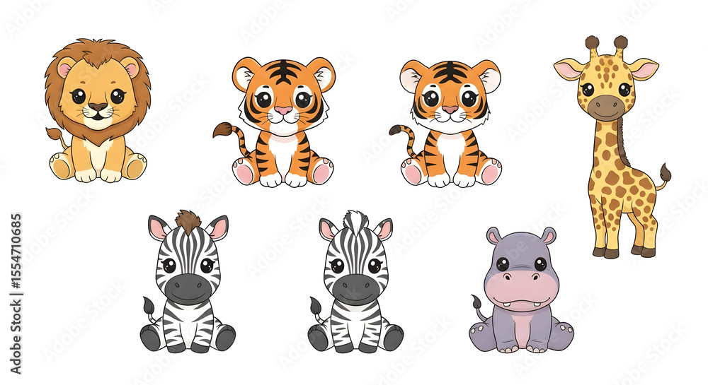 Fototapeta premium Adorable cartoon depictions of a lion, tigers, giraffes, zebras, and a hippopotamus.