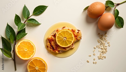 Delicious citrus-glazed chicken recipe kitchen food photography bright environment overhead view culinary delight