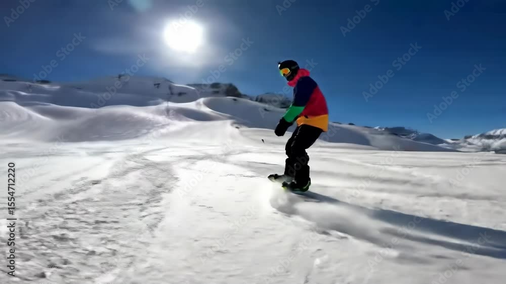 Snowboarder carving down sunlit alpine slope in vibrant gear Snowboarder carving down sunlit alpine slope in vibrant gear