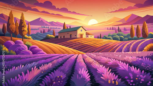 Long rows of blooming lavender stretch across a rolling countryside under a glowing sunset. The sky is painted in warm hues of gold and violet. Bees hover above the flowers, and a small cottage i