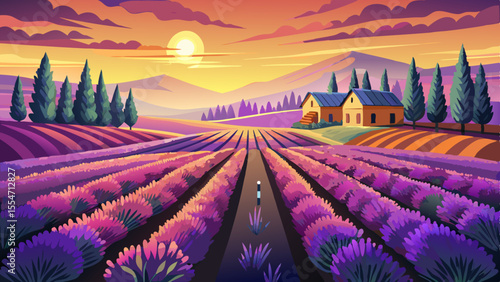 Long rows of blooming lavender stretch across a rolling countryside under a glowing sunset. The sky is painted in warm hues of gold and violet. Bees hover above the flowers, and a small cottage i