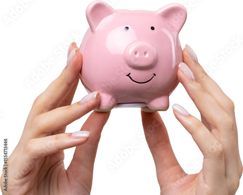3d pink piggy bank in the beautiful hands of a girl.