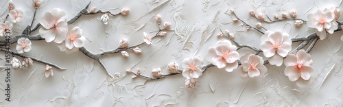 3d embossed clay wall, pink cherry blossom flowers on branches, simple lines, white background, light beige and gray colors, elegant, seamless pattern