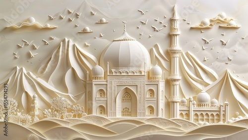 3D embossed paper of a mosque and mountain landscape with mountains, on a white background, using a beige color palette, with intricate details