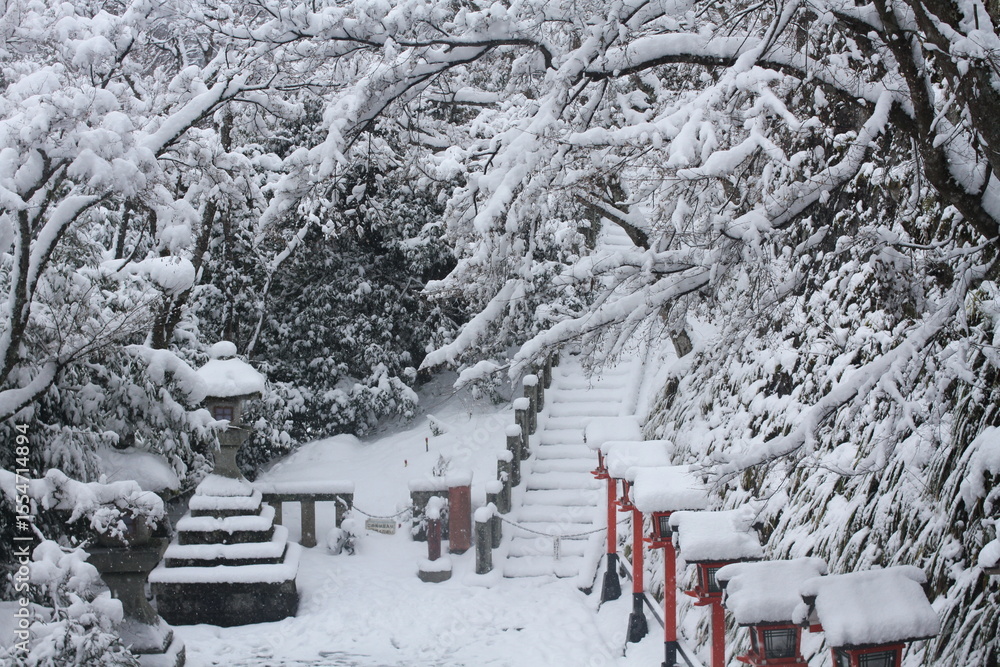 Naklejka premium 日本、京都,、比叡山、山、冬絶景、雪景色、神社、鳥居、冬の絶景、ポット、旅行、風景、旅、森,、自然、空,、冬、木、写真素材 