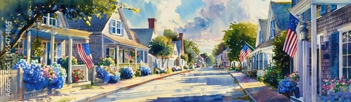 A watercolor painting of Nantucket's main street, lined with quaint blue and white colonial houses adorned in colorful flowers