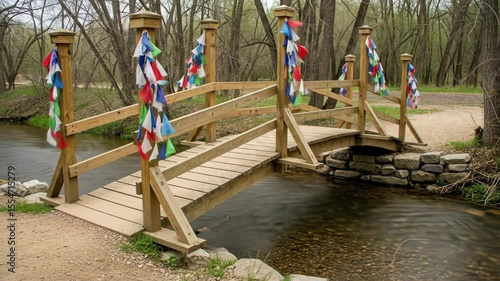Serene Wooden Bridge: Colorful Prayer Flags Flutter Gently Over Tranquil Stream