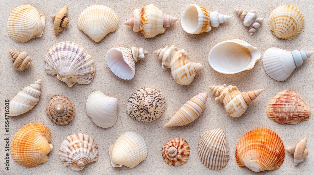 Assorted seashells on beige sand Assorted seashells on beige sand