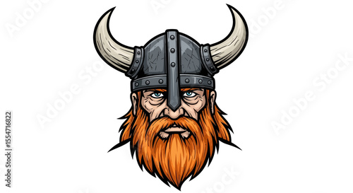 Cartoon Viking Warrior Head with Horned Helmet and Red Beard