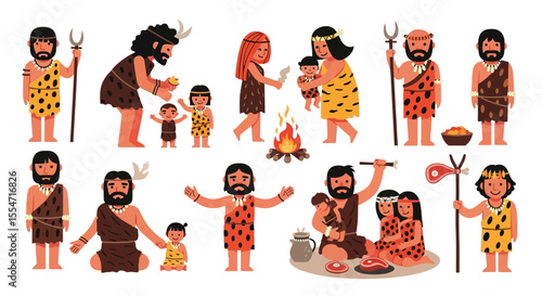Cartoon Cavemen and Cavewomen Set in Animal Print Clothing with Spears and Fire