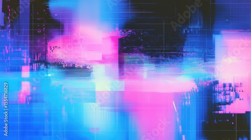 A vibrant digital glitch art composition featuring neon blue and pink colors with horizontal lines and pixel distortion.