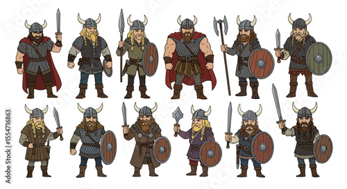 Cartoon Viking Warriors in Various Poses with Weapons and Armor