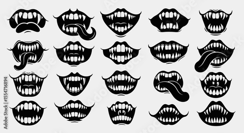 Collection of Twenty Black and White Monster Mouths with Sharp Fangs and Tongues