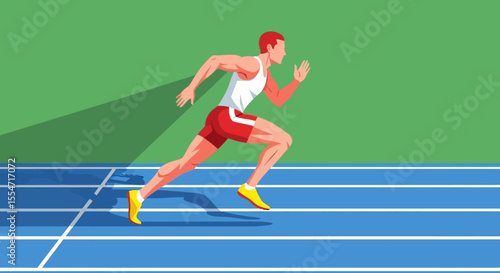 Male Athlete in Action, Running on Track, Red Shorts, White Tank Top, Yellow Shoes