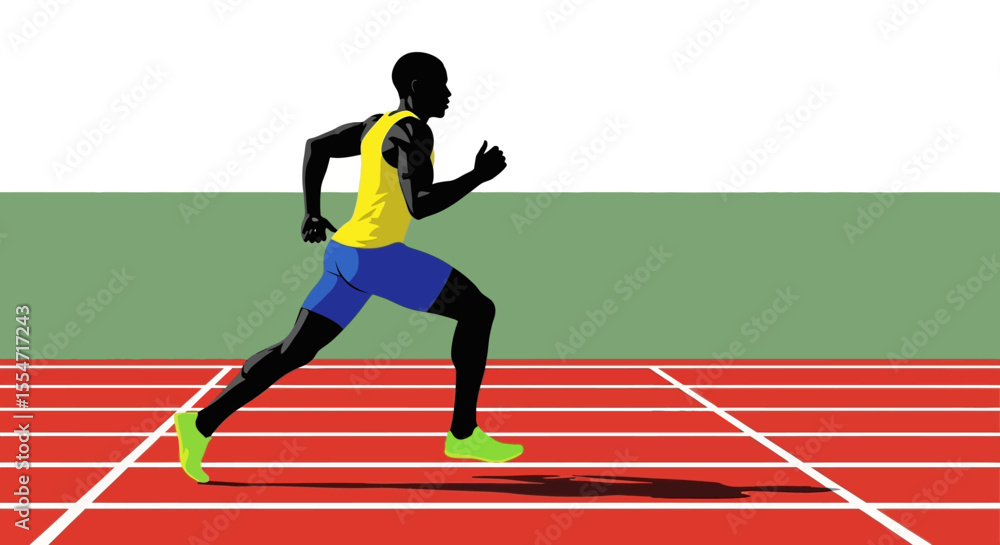 Obraz premium Silhouette of a Runner in Yellow Tank Top and Blue Shorts on Track