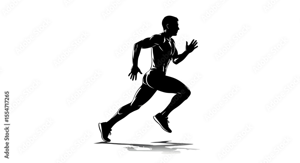 Obraz premium Silhouette of Muscular Man Running in Black and White Vector Illustration