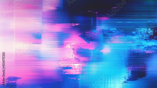 Abstract digital art with vibrant pink, blue, and purple hues creating a glitch effect with horizontal lines and pixelated distortions.