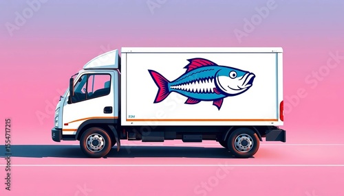 Delivery truck icon with stylized fish graphic, grocery, aquaculture