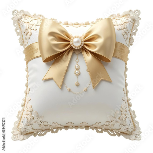 Decorative White Pillow Adorned With An Ornate Lace Border And Large, Elegant Gold Bow. Pearl Center Accentuates The Luxurious Design.eps