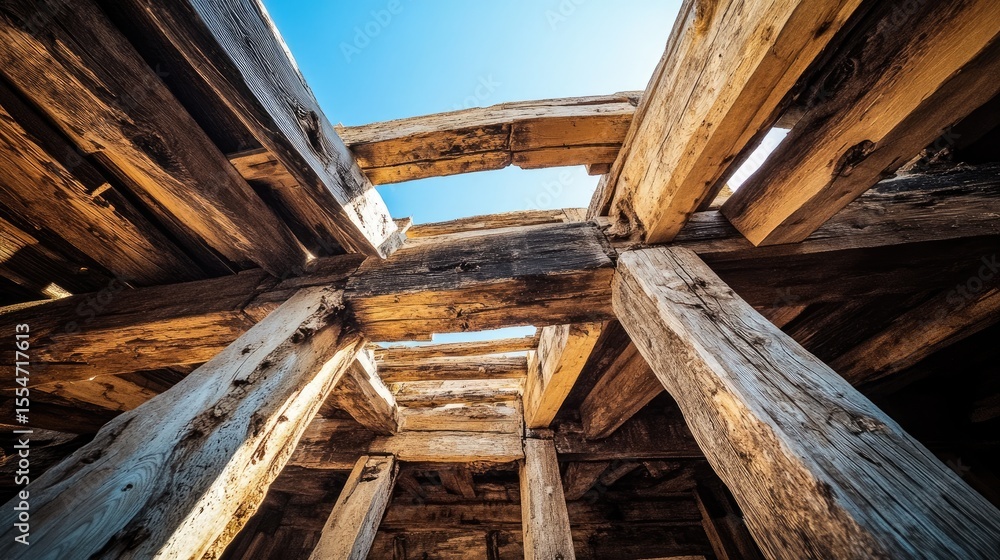 Obraz premium Detailed close-up view of weathered wooden beams.