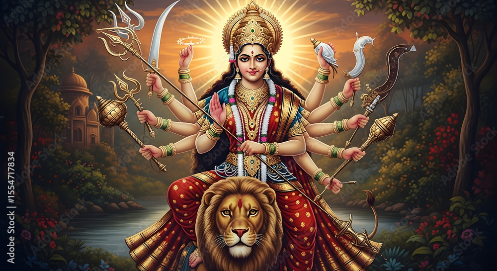 Fototapeta premium Goddess Durga with weapons, lion, multi-armed, divine, spiritual artwork, India, Hindu religion.