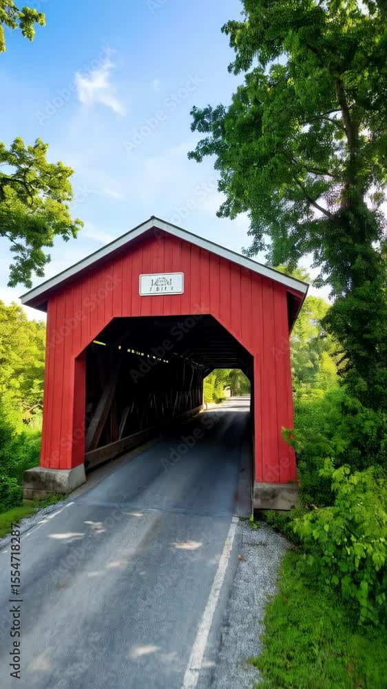 Quaint red wooden covered bridge spanning a road with surrounding green foliage and blue sky, providing a glimpse into history and architecture. Quaint red wooden covered bridge spanning a road with surrounding green foliage and blue sky, providing a glimpse into history and architecture.
