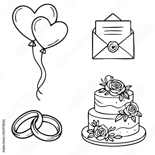 Hochzeit Vektorset - Ringe, Ballons, Torte & Einladung