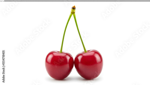 Two Ripe Red Cherries on White Background Fresh Fruit Image