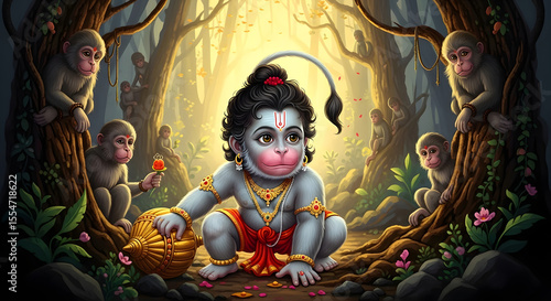 Baby Hanuman Surrounded by Monkeys in a Forest Hindu Deity, Mythology, Lord, Avatar, Forest, Monkey, India, Devotion