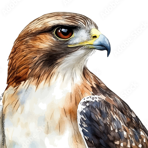 Hawk Close Up, watercolor clipart vector, isolated on a white background.