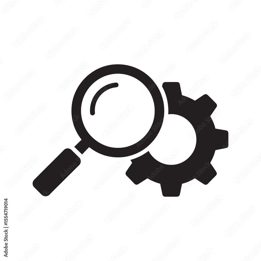 Technical analysis icon with magnifying glass over gear for process optimization and quality control research and development in engineering vector solid glyph icon Technical analysis icon with magnifying glass over gear for process optimization and quality control research and development in engineering vector solid glyph icon