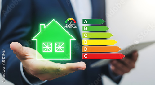 Businessman holding glowing green house icon with energy efficiency ratings A to G, showcasing eco-friendly home concept and sustainable living solutions.