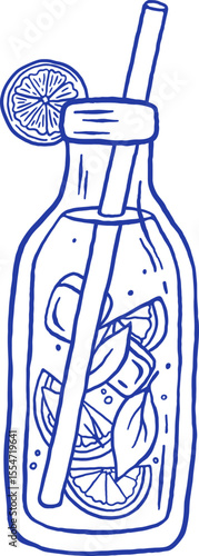 Hand draw fresh lemonade in a glass bottle with lemon slices and ice vector illustration. Amalfi lemon Italian drink doodle sketch style