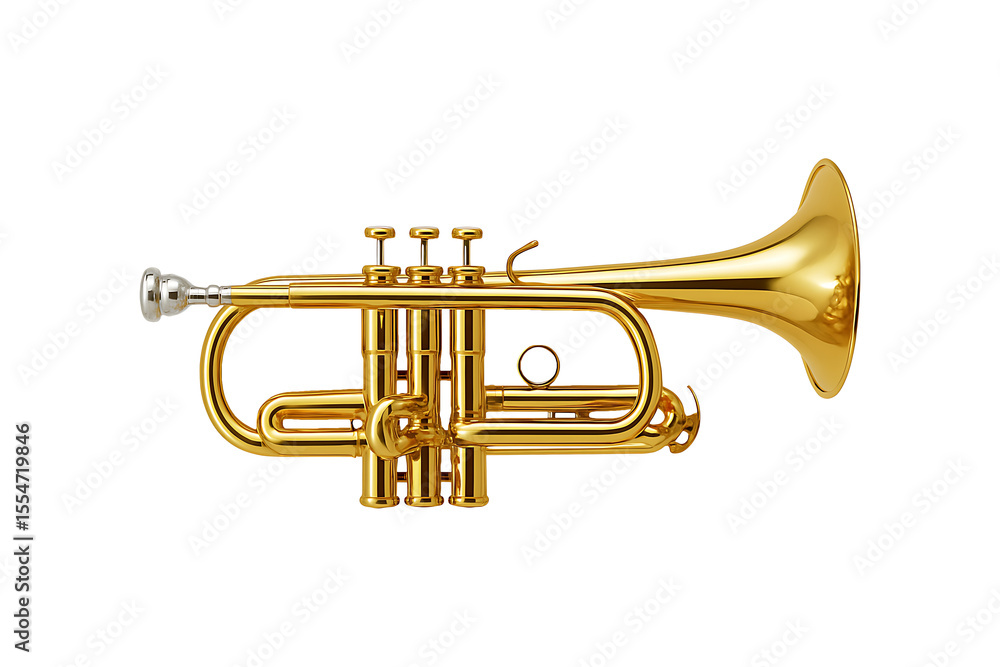 Fototapeta premium Golden brass trumpet isolated on transparent background