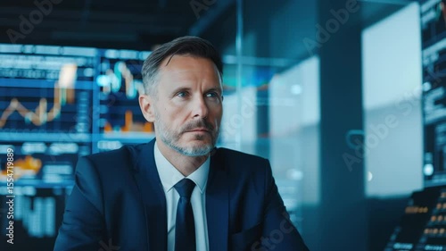 Businessman suit office finance technology screen chart data serious professional modern workplace digital analysis confident executive male focused on financial graphs and data in corporate workspace