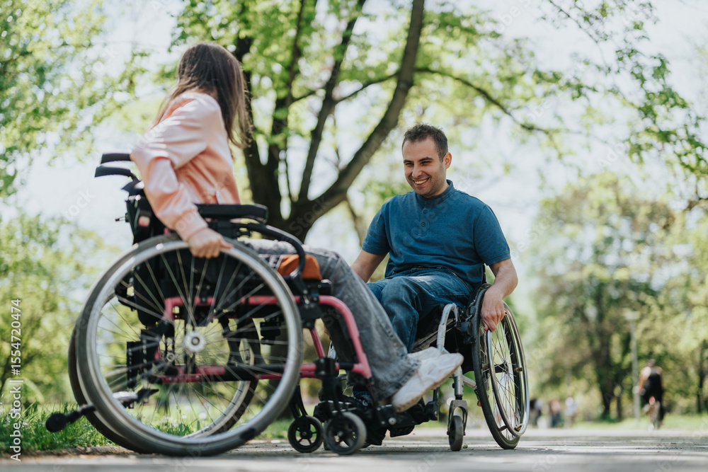 Obraz premium A happy moment as two friends in wheelchairs communicate and enjoy each other's company amidst a serene and lush outdoor park setting.
