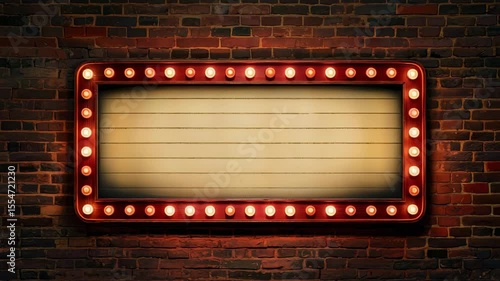 Glowing theater marquee sign on rustic brick wall offers vintage style