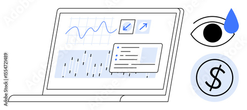 Laptop displaying charts, graphs, and financial details. Nearby icons for vision, data tracking, and finance. Ideal for analytics, business strategy, technology monitoring finance data management