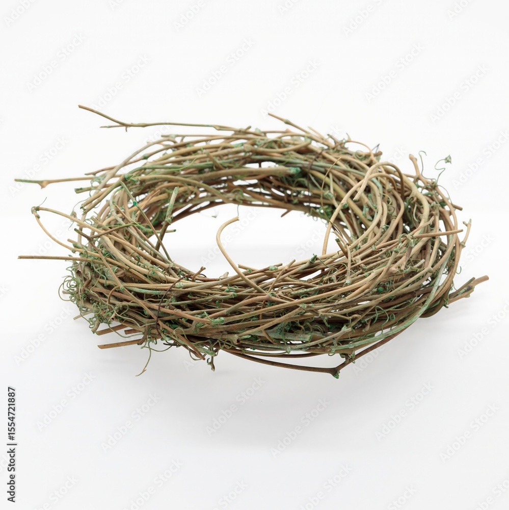 Obraz premium Rustic twig wreath flat lay – eco-friendly natural wall decor