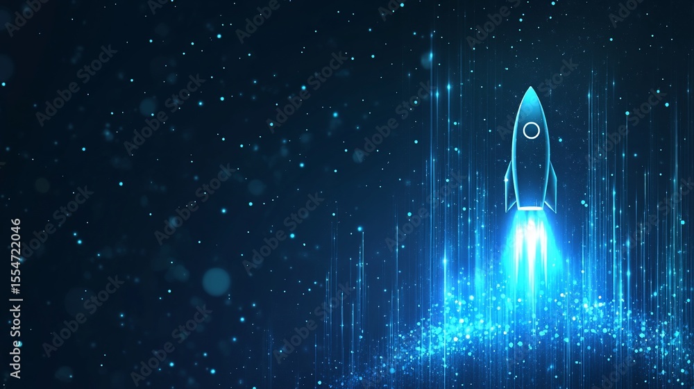 Futuristic rocket launch, digital graphic design, glowing lines and particles Futuristic rocket launch, digital graphic design, glowing lines and particles