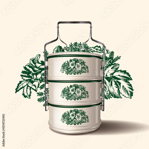 Nanyang Kopitiam Tiffin Carrier Realistic Illustration