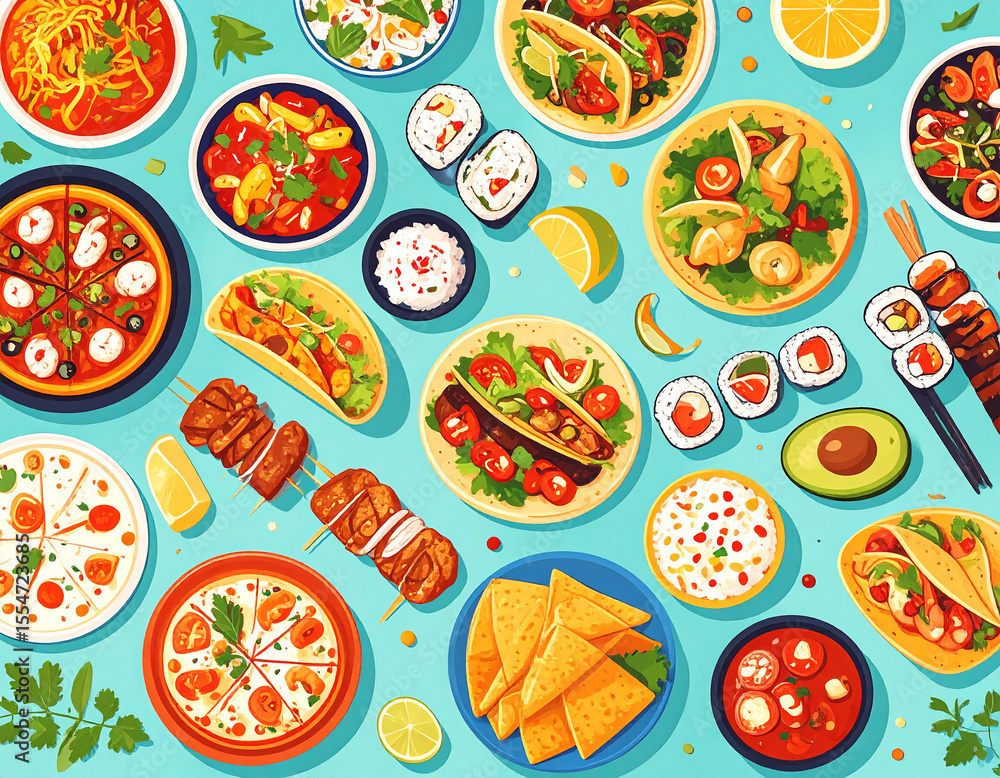 Global Street Food Flat Design: Iconic Dishes from Around the World, Minimalist & Vibrant Culinary Illustration
