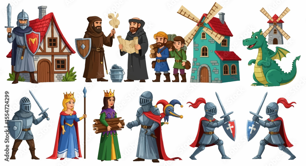 Obraz premium Medieval Characters and Structures: Knights, Monks, Houses, and a Dragon