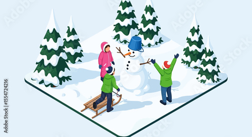 Isometric Winter Scene: Children Building a Snowman in Snow