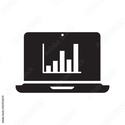 Data analysis on a laptop screen with a business intelligence chart for a marketing report showing statistics and financial analytics presentation vector solid glyph icon